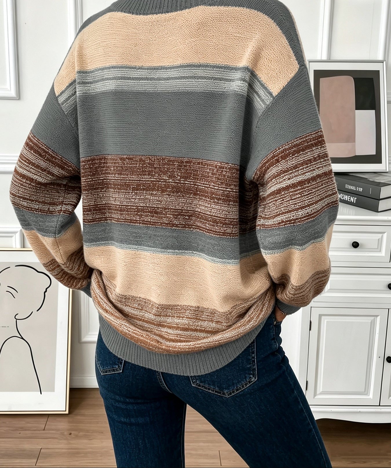 Color Block Sweater for Women — Striped Crew Neck Knit with Relaxed Drop Shoulder in Merino Wool