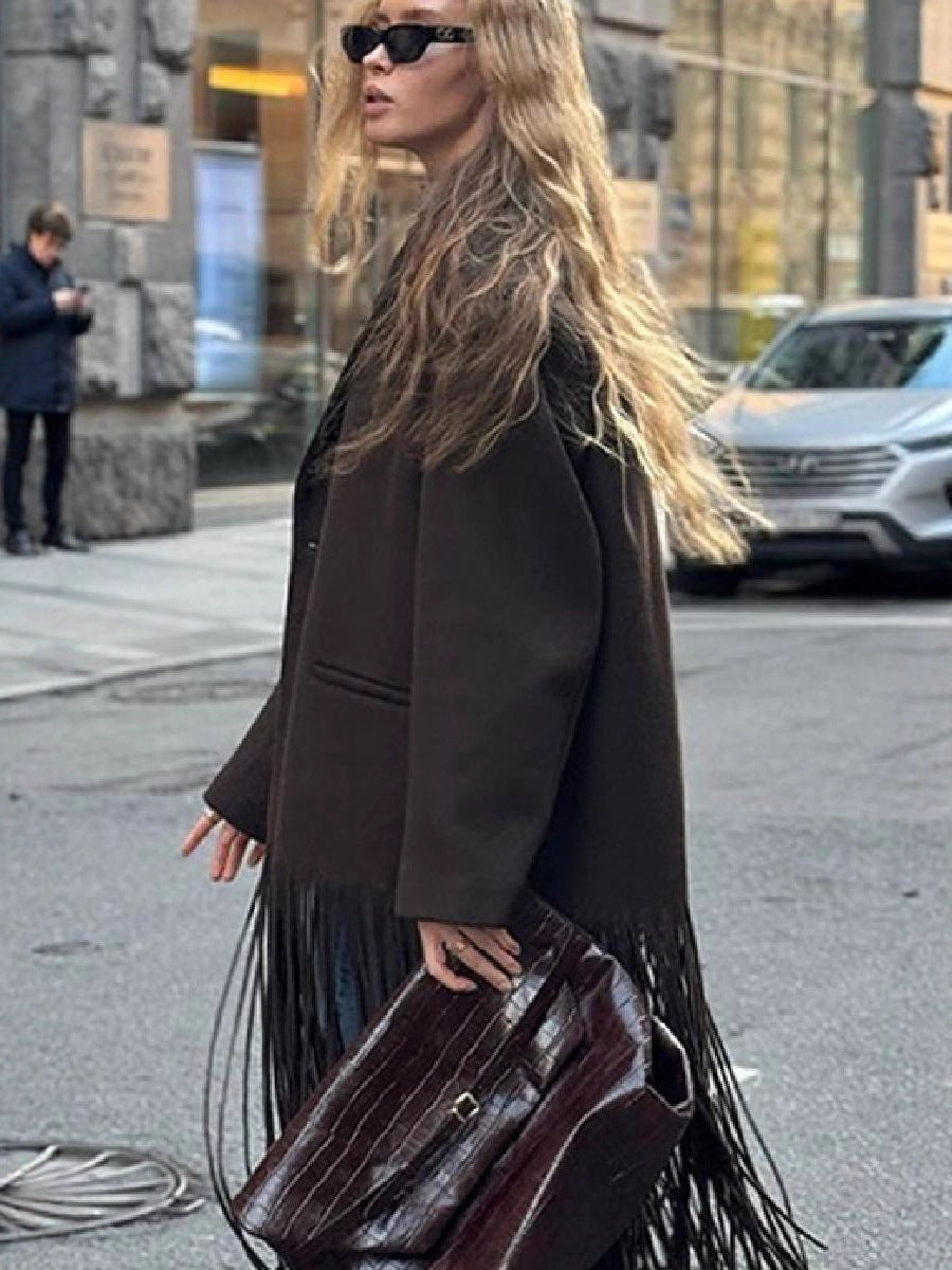 Dark brown side-view longline fringe coat with lapel collar and tassel hem