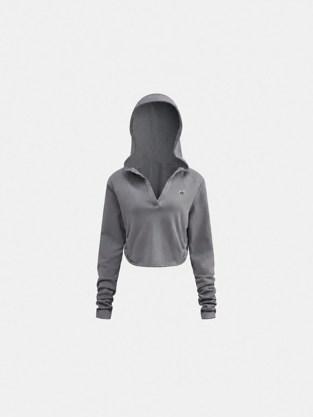Dark gray cropped hooded sweatshirt, back view with hood up and small logo detail