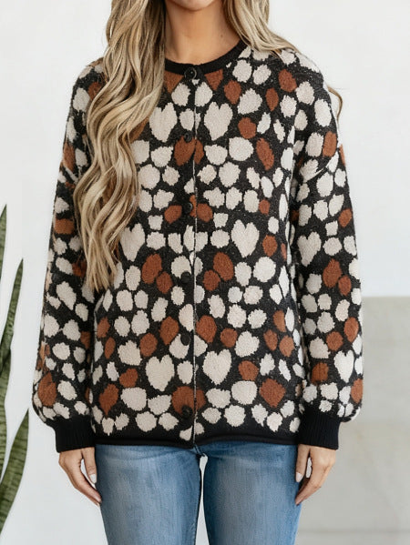 Heart Print Cardigan for Women — Button Front Knit with Balloon Sleeves in Brushed Wool