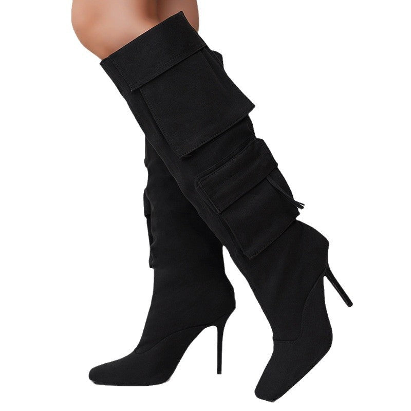Cargo Knee High Boots for Women — Stiletto Heel with Flap Pockets in Faux Suede