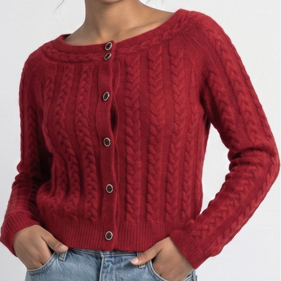 Women’s red cable knit cardigan, round neckline, button-front and textured sleeves