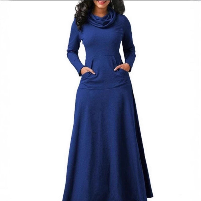 Maxi long-sleeve dress with cowl scarf neck and side pockets, blue