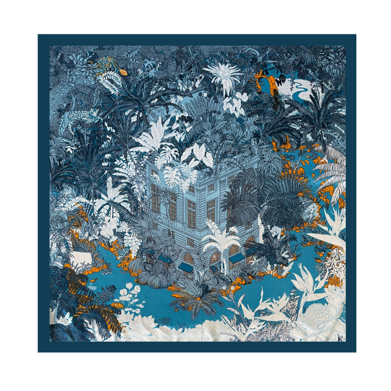 Large square scarf featuring blue tropical scene print with animals and city details.
