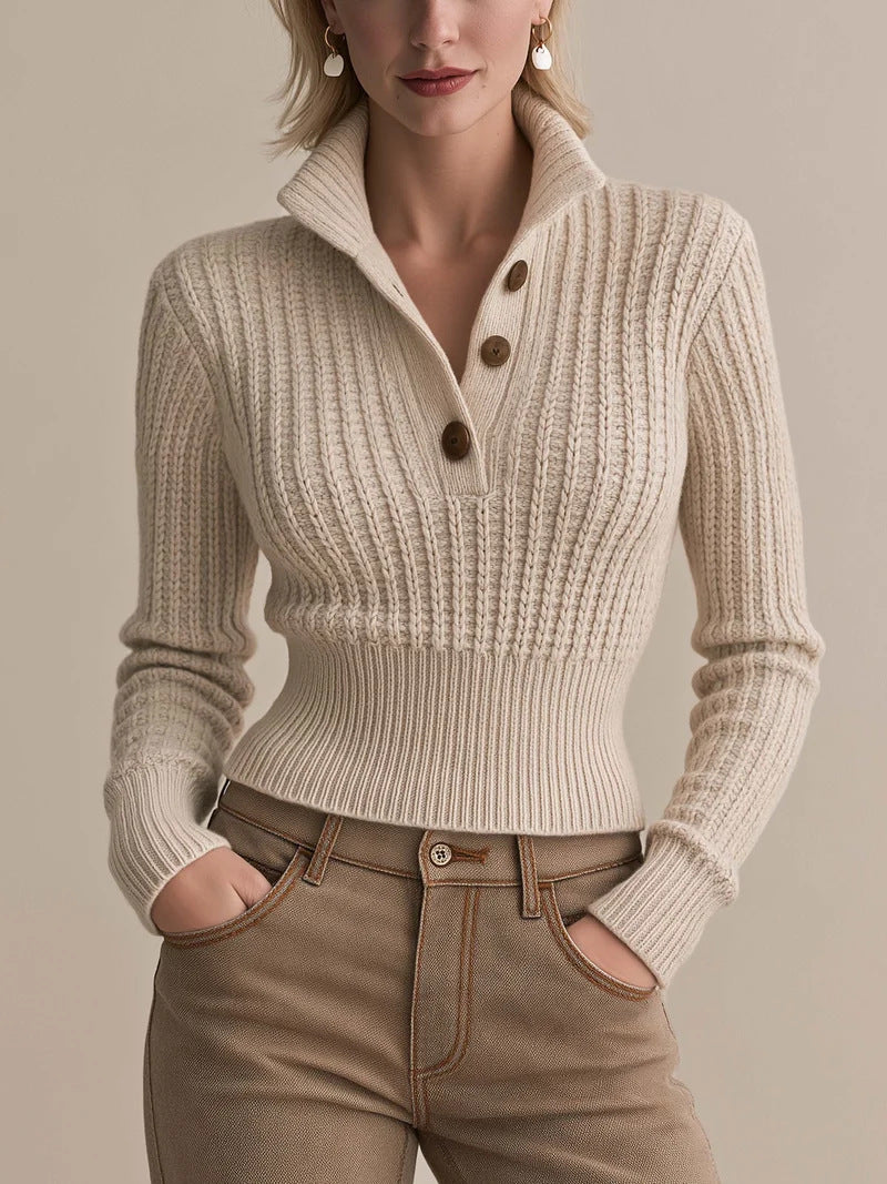 Women’s ribbed knit polo sweater, half-button collar, cream close-up