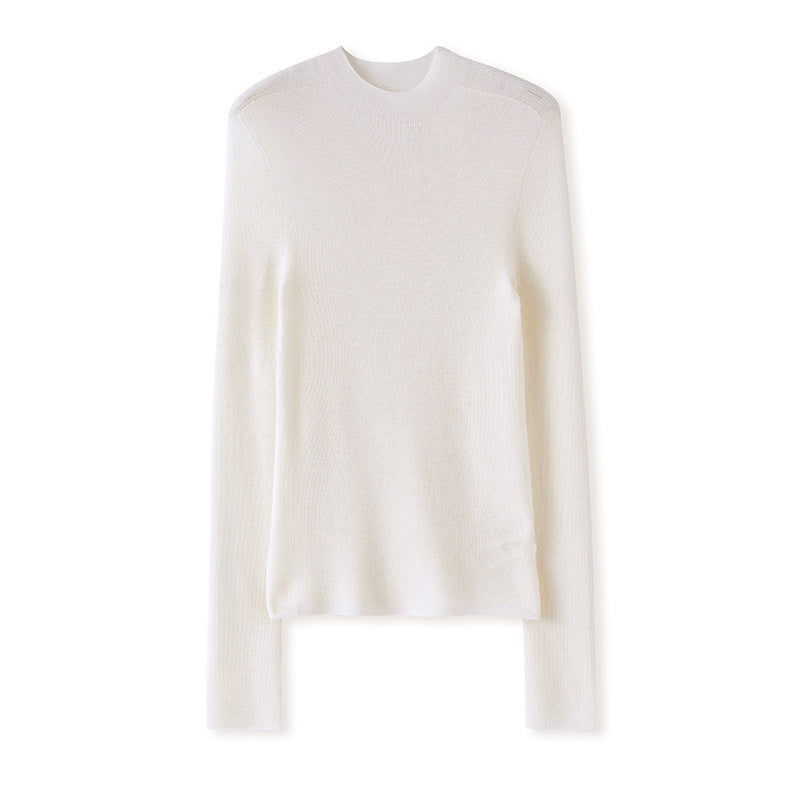 Merino wool turtleneck knit sweater, white, long sleeves, semi-high collar