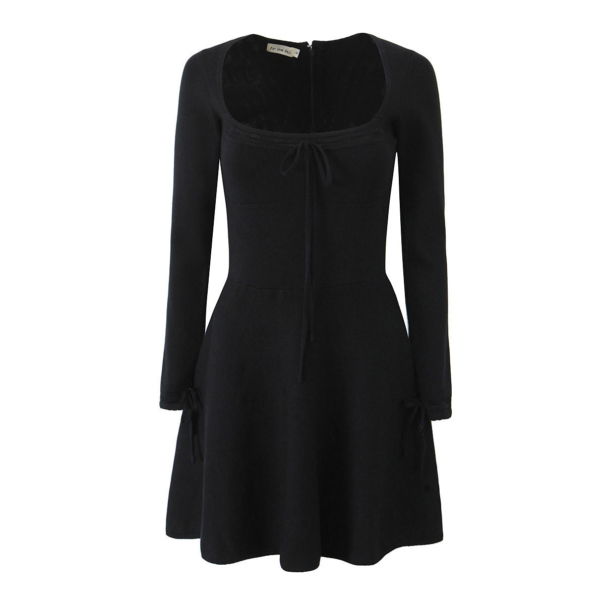Black square-neck long-sleeve mini dress with flared skirt and front drawstring bow
