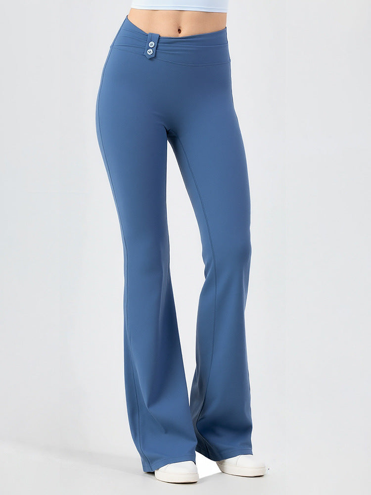 Blue high-waisted yoga flare pants with buttoned waistband, wide flared silhouette