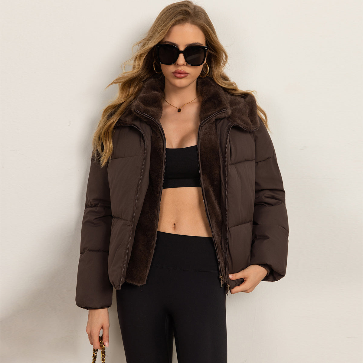 Puffer Jacket for Women — Short Quilted Zip Up with Faux Fur Collar in Warm Nylon