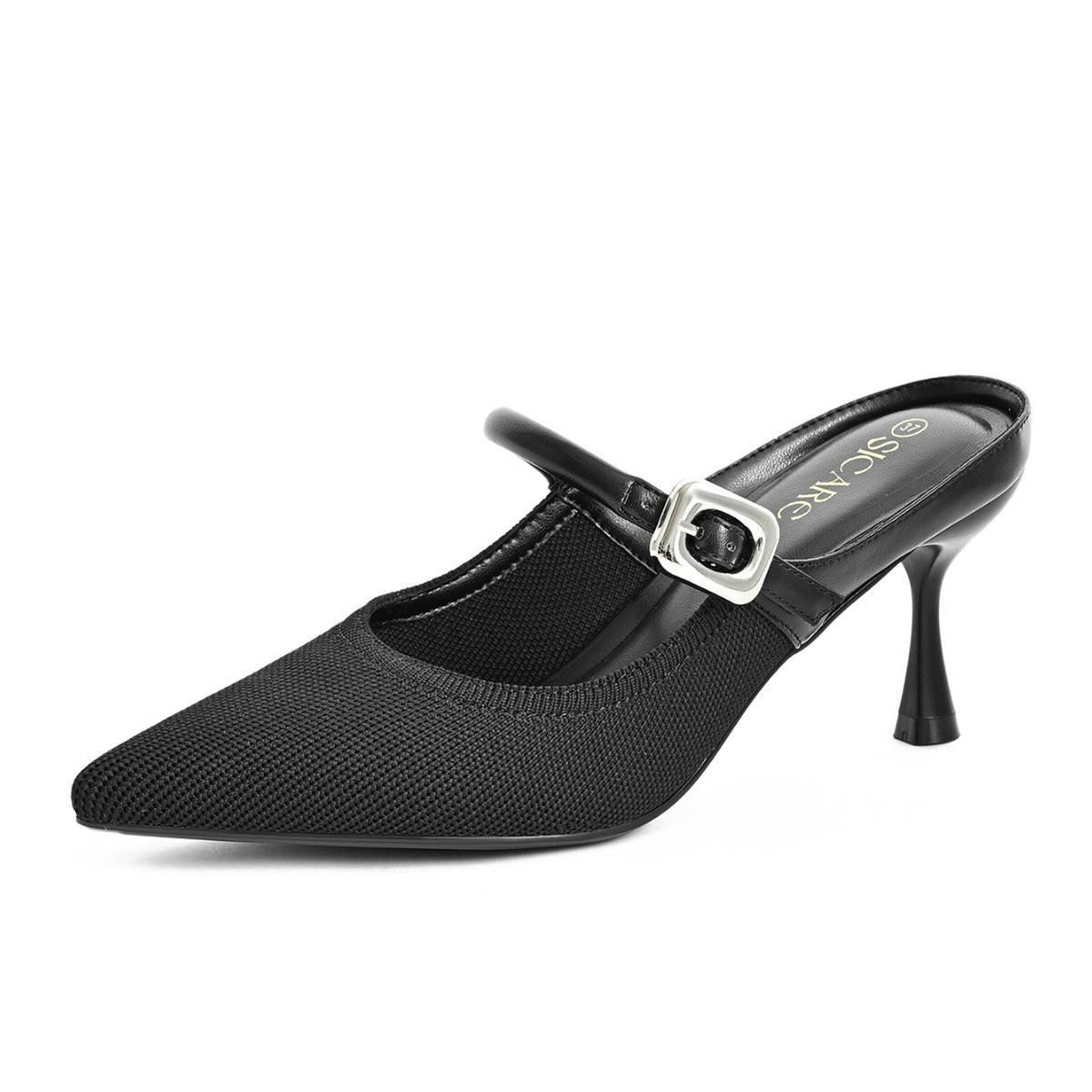 Black pointed-toe mule heels with single strap and square buckle stiletto heel