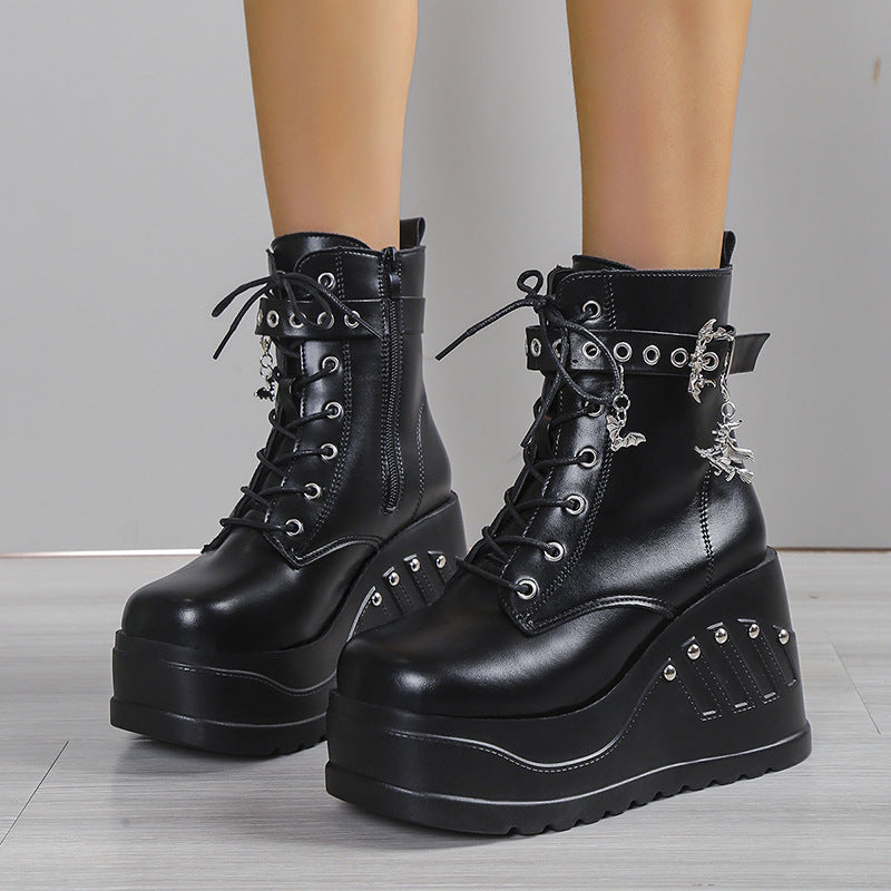 Platform Lace Up Boots for Women — Chunky Wedge Combat Booties in Faux Leather