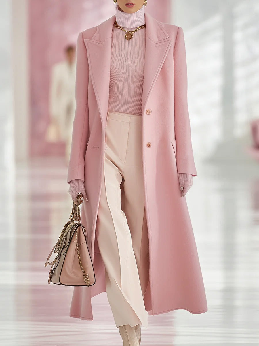 Pink long tailored coat with peak lapels, two buttons, and a slim silhouette