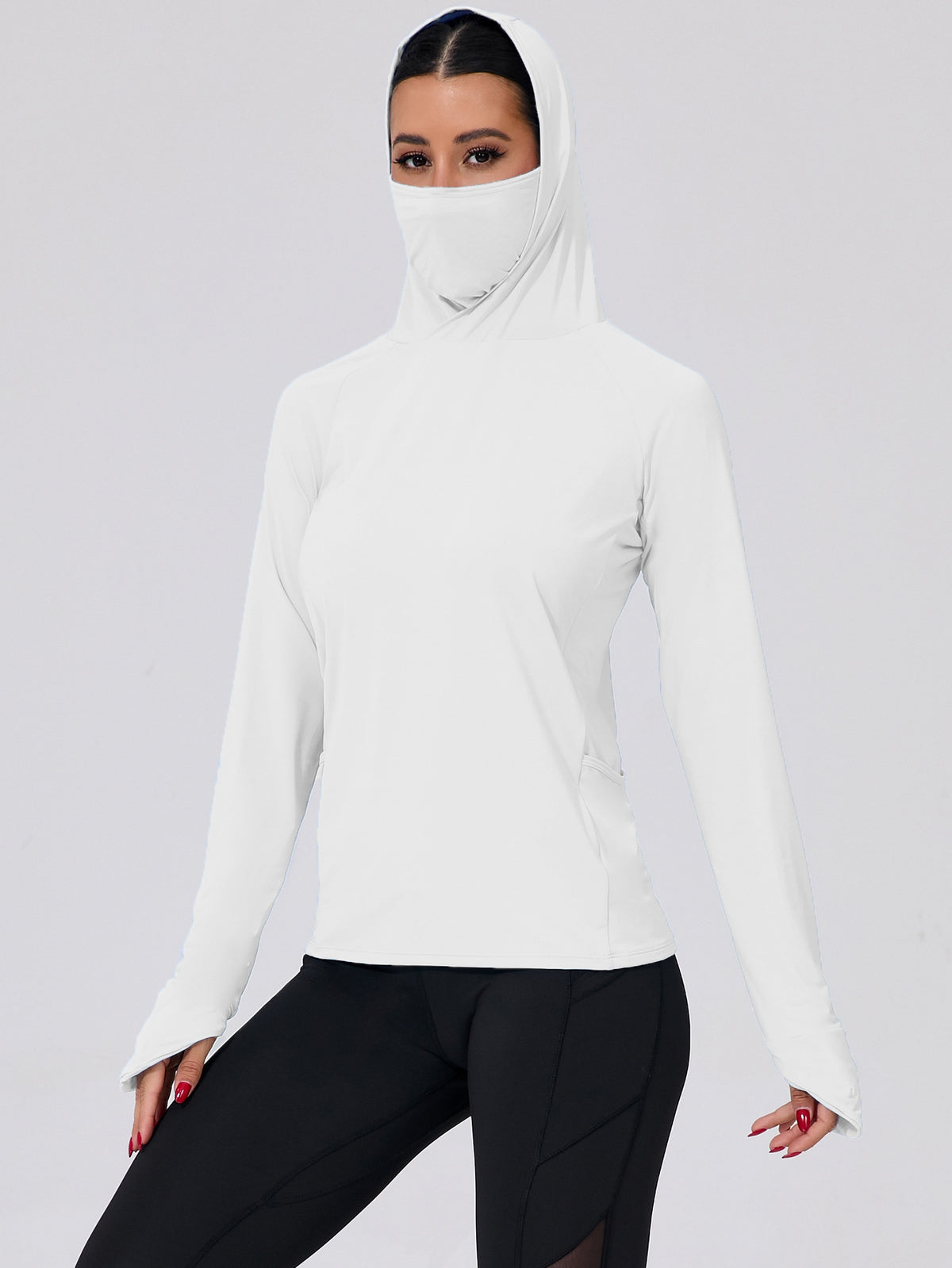White women’s UPF hooded sun jacket with face-covering neck, long sleeves