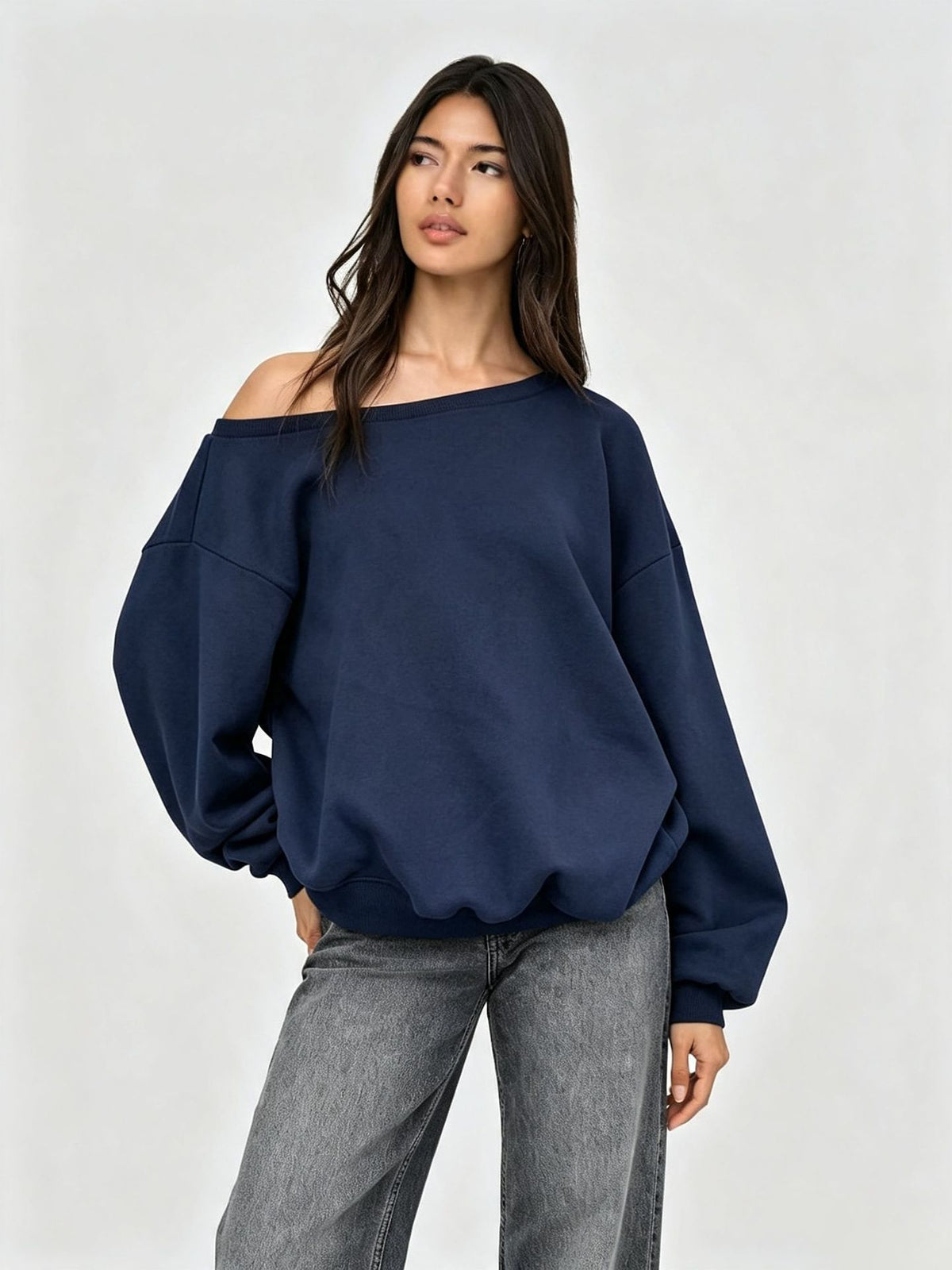 Women’s off-shoulder loose long-sleeve sweatshirt top, navy solid color
