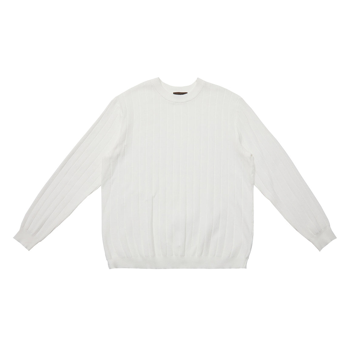 White vertical stripe ribbed knit sweater with crew round neck and long sleeves.