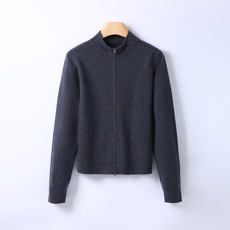 Women’s dark gray knit cardigan with stand-up collar and front zipper