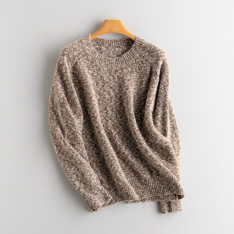 Women’s marled brown knit pullover, round crew neck, long sleeves, relaxed fit