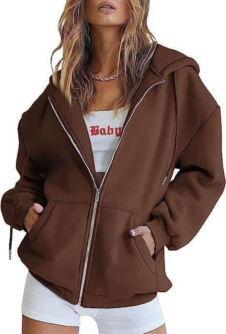Brown zip-up hoodie jacket with hood, drawstring, and front pockets.