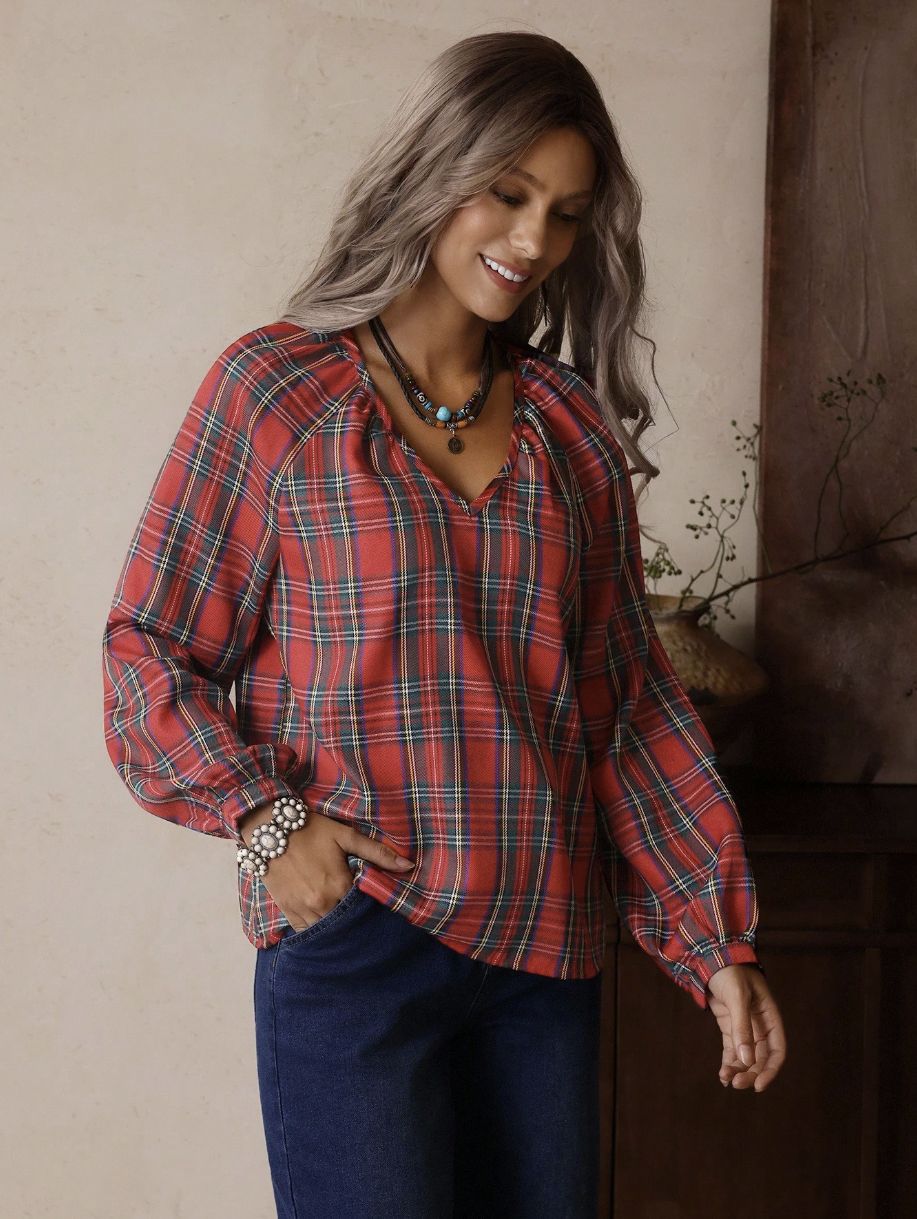 Plaid Blouse — Boho V Neck Peasant Top with Balloon Sleeves and Tie Detail in Viscose