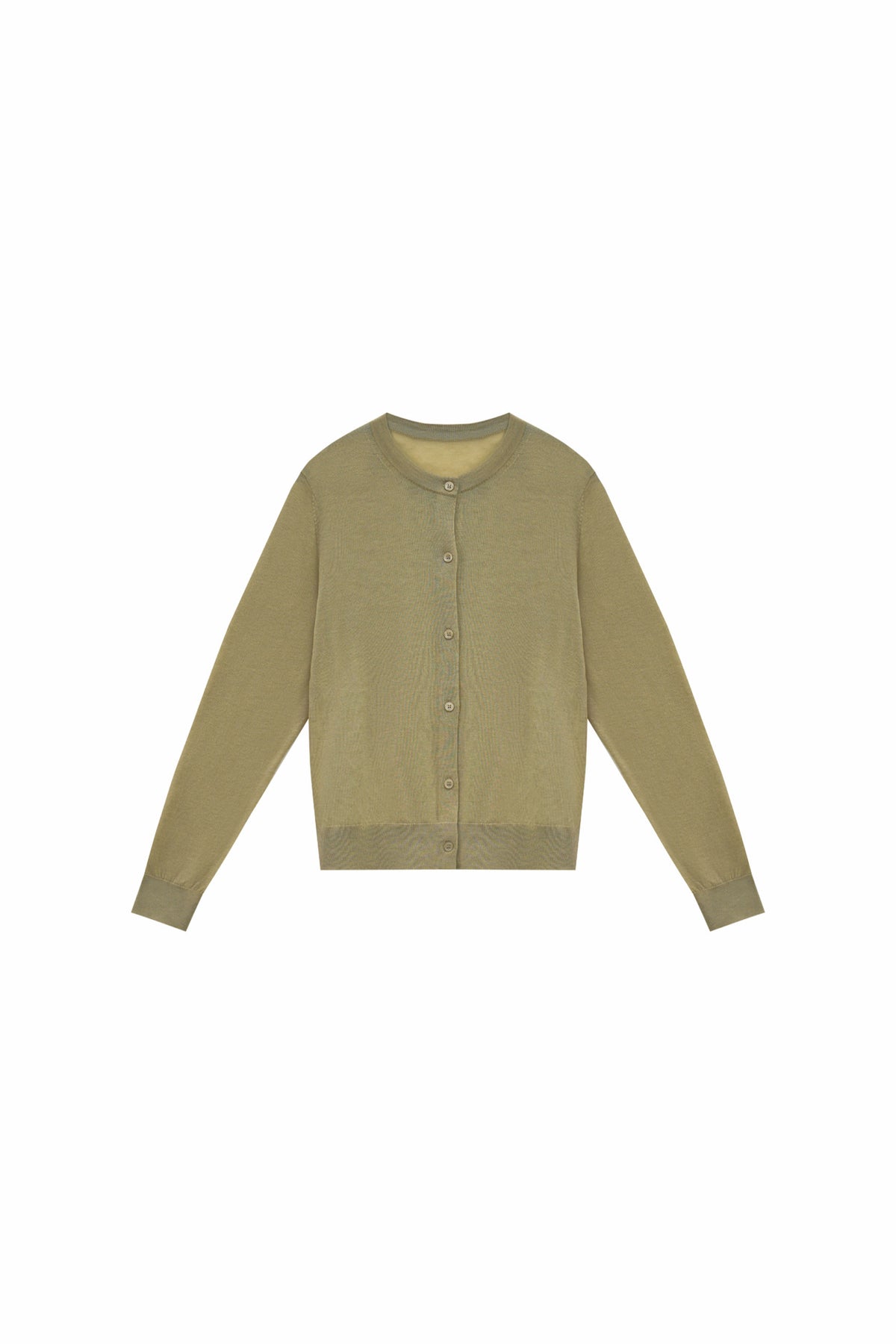Light olive cardigan sweater with button-front and long sleeves, crew neck