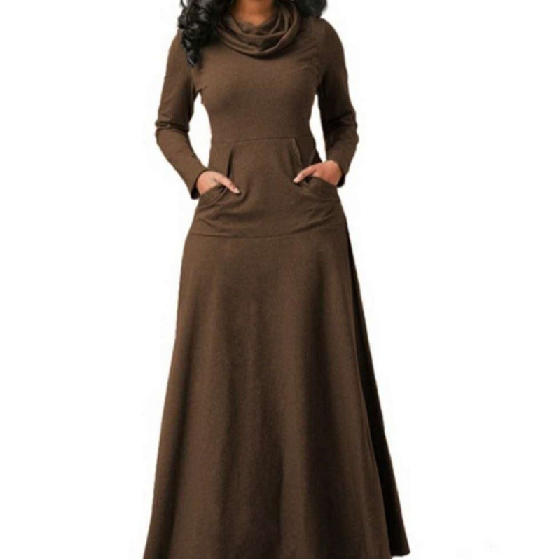 Maxi long-sleeve dress with cowl scarf neck and side pockets, brown