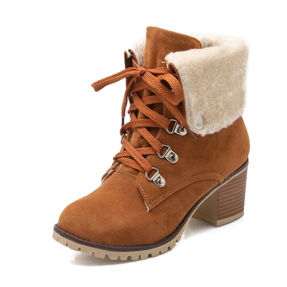 Women’s lace-up short boots with faux-fur cuffs, chunky heel, tan/brown with tan laces.