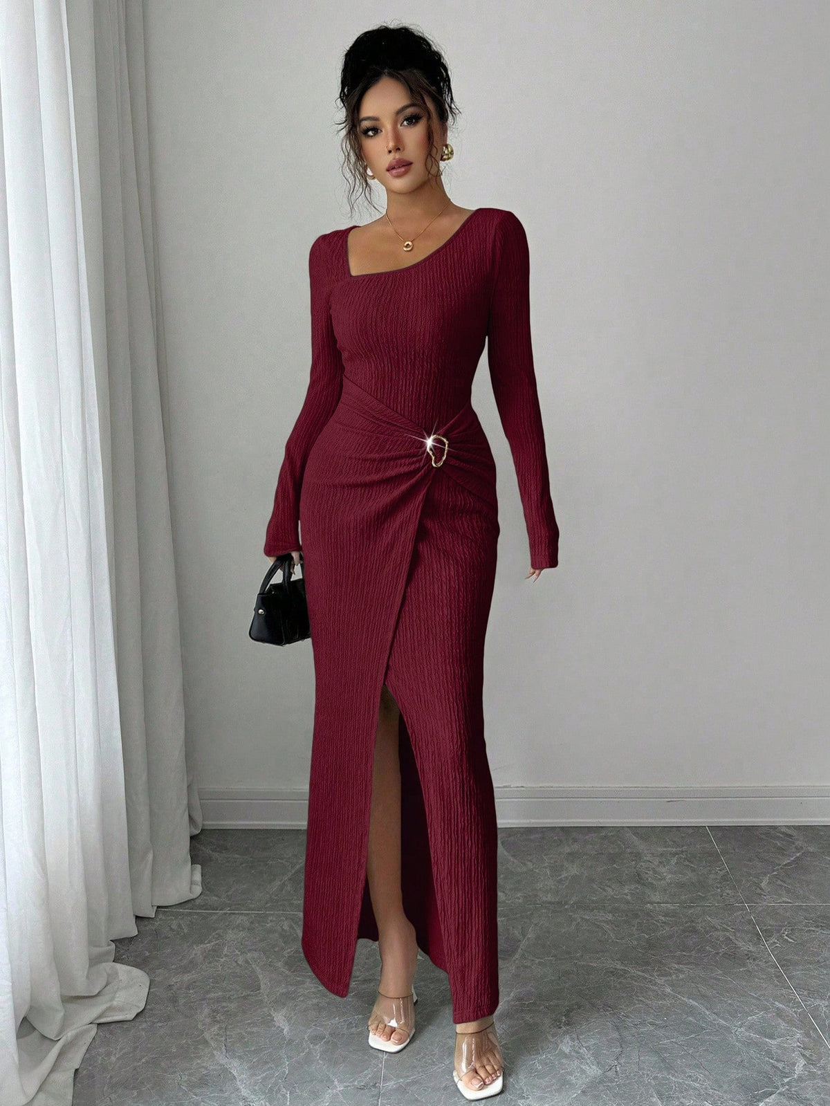 Burgundy ribbed bodycon maxi dress with long sleeves, scoop neck, and high side slit