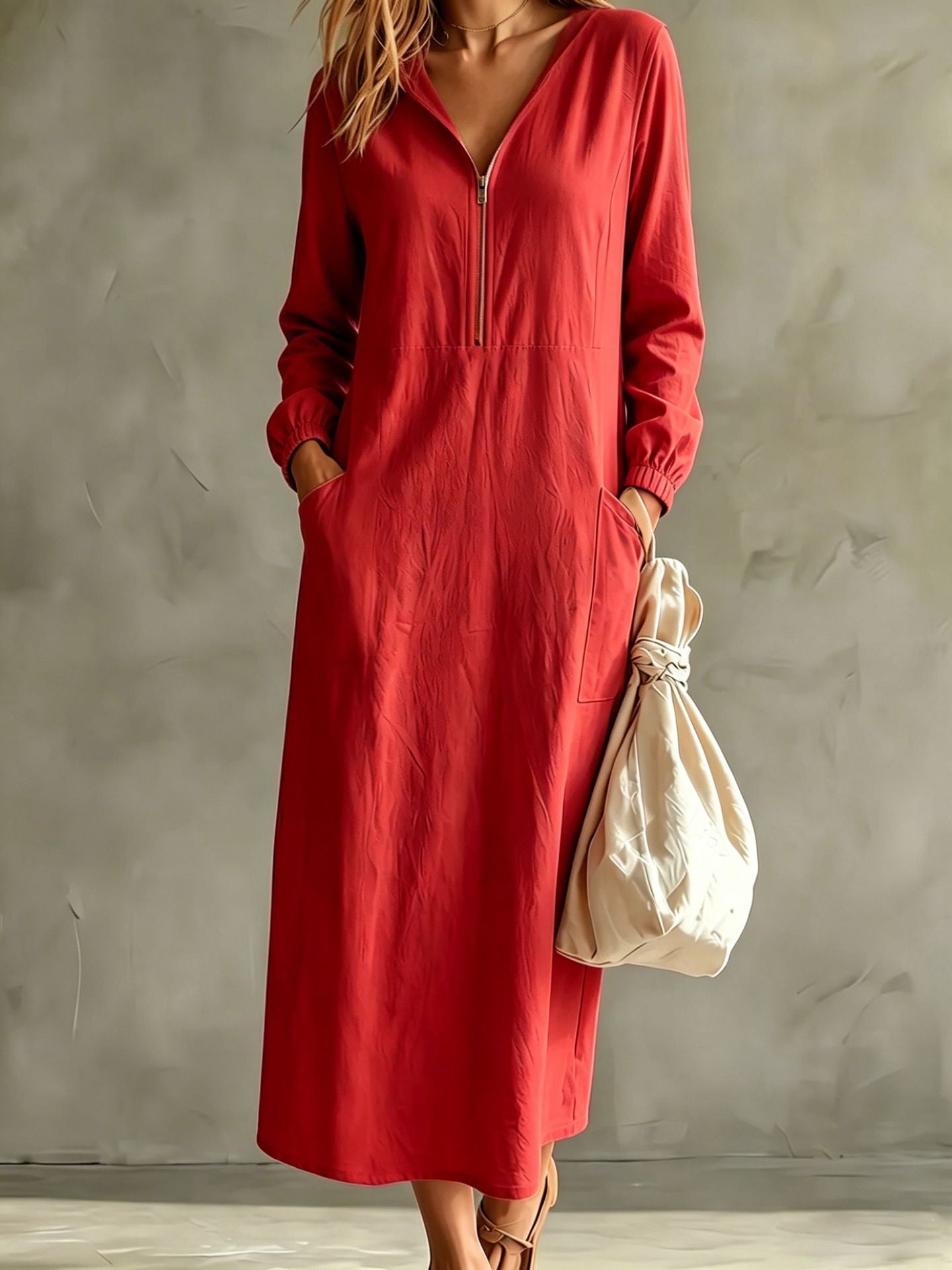 Long Sleeve Linen Maxi Dress — Casual Hooded Half Zip Style with Deep Side Pockets