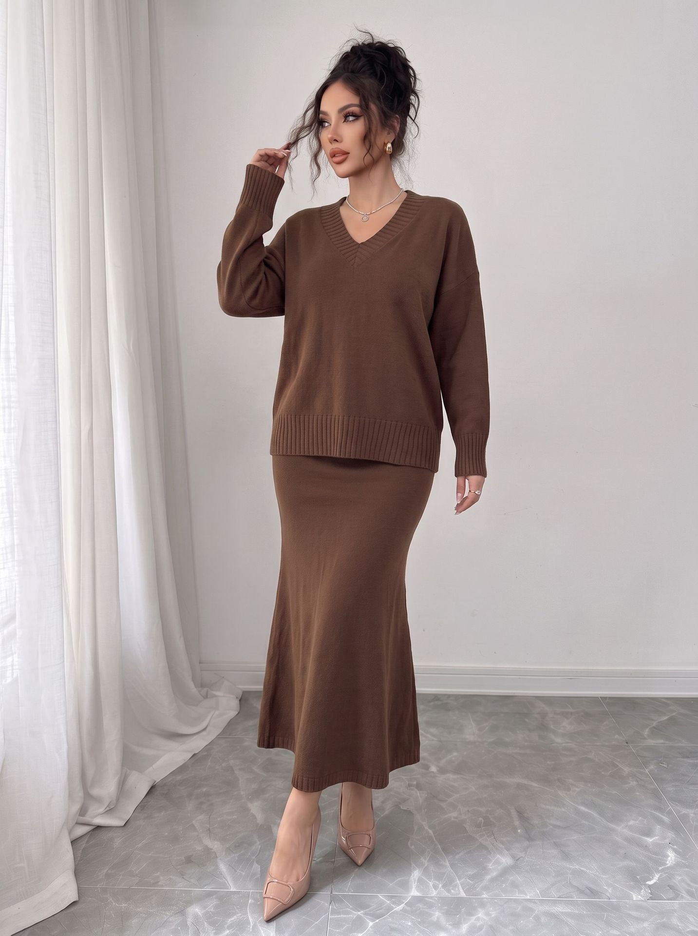 Sweater and Maxi Skirt Set — Two Piece V Neck Knit Outfit with Fishtail Hem in Merino Wool