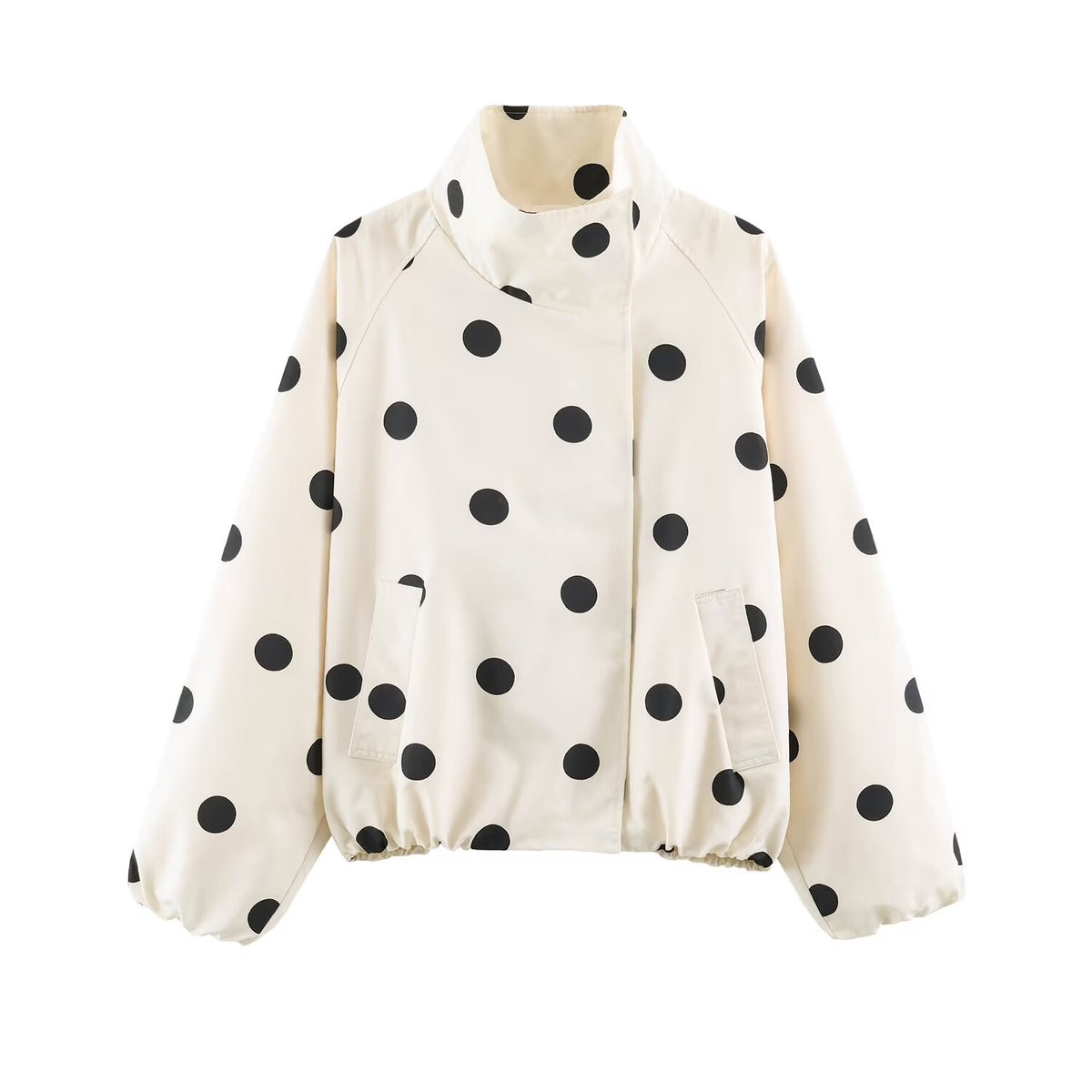 Off-white polka-dot bomber jacket with zip front and elastic cuffs