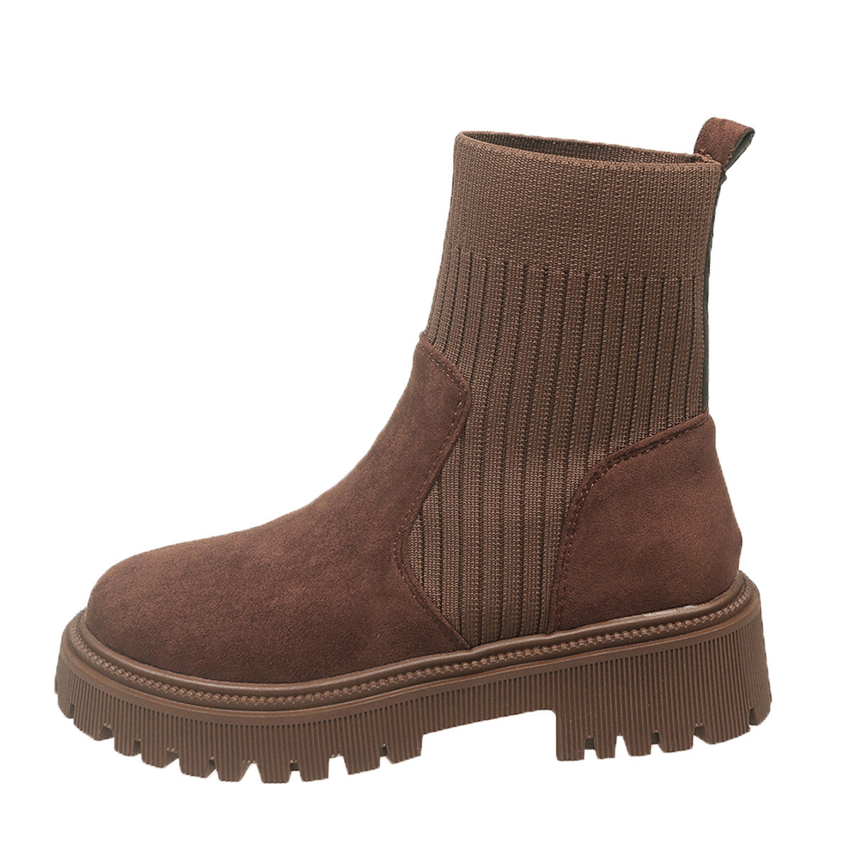 Brown suede-look knit short boots with thick lug sole and pull-on cuff