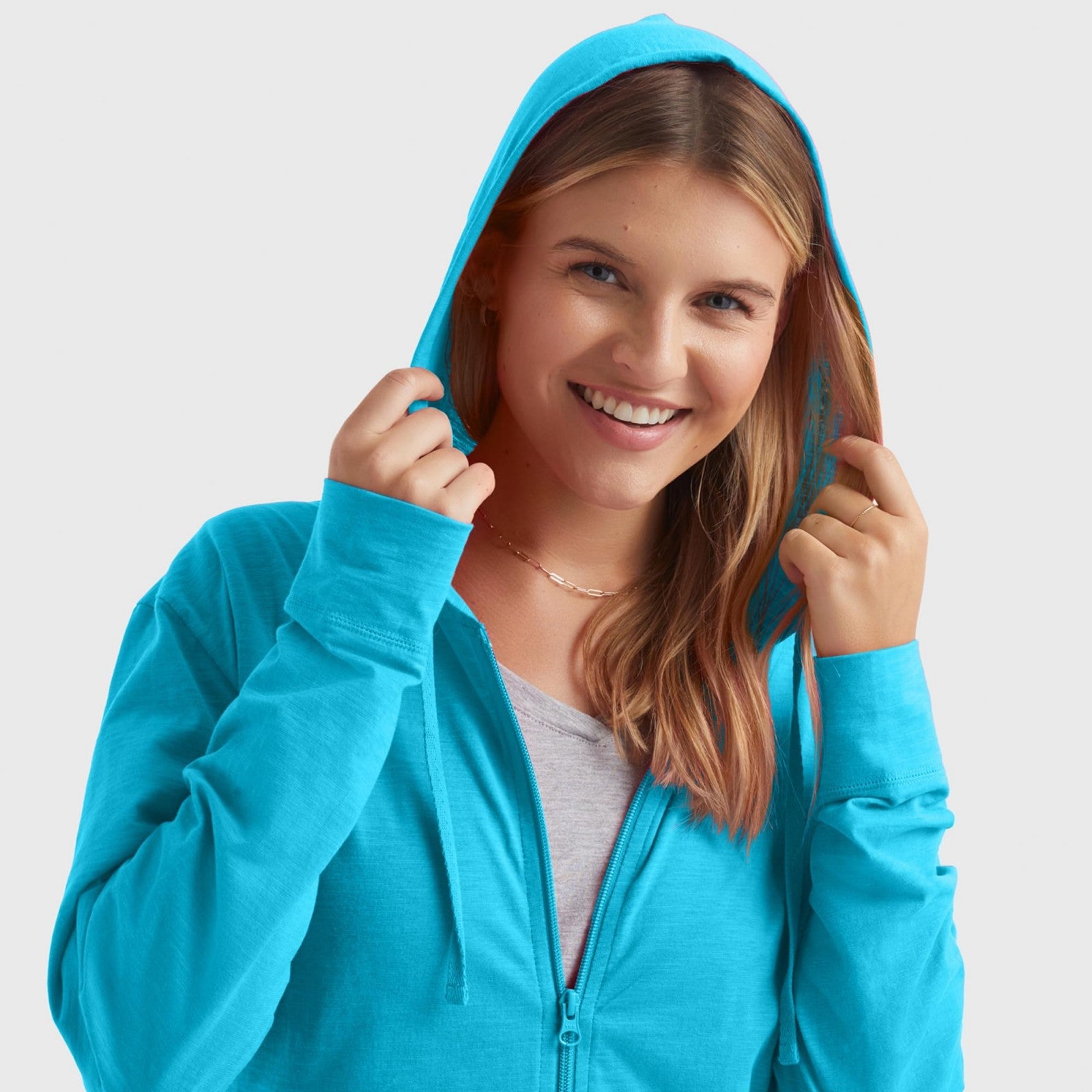 Sky blue plus-size zip-up hoodie sweatshirt with hood and adjustable drawstrings