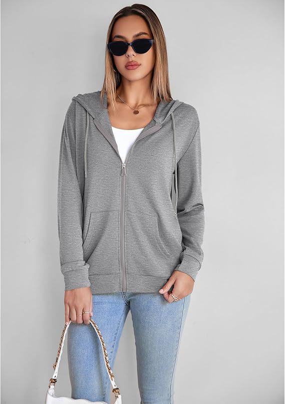 Heather gray zip-up hoodie with hood and front kangaroo pocket