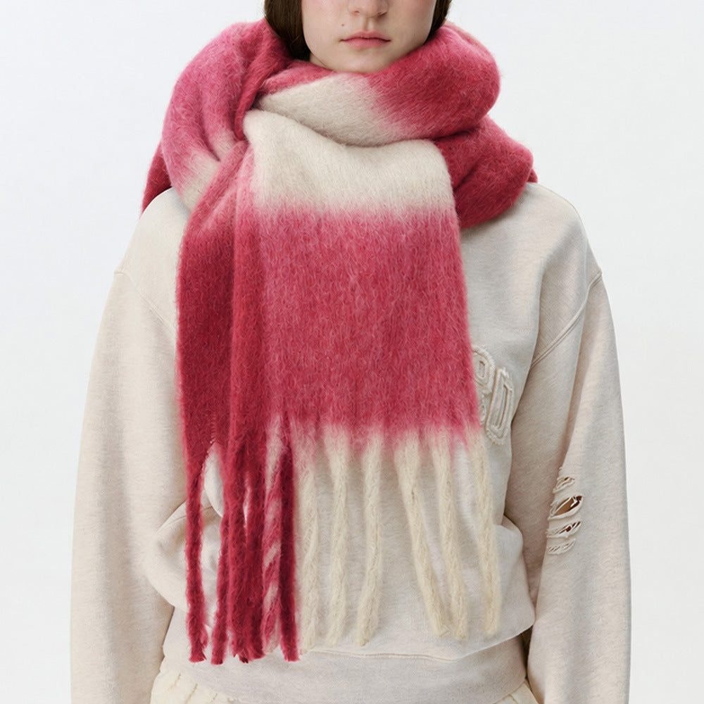 Women’s large plaid scarf in pink and white with fluffy texture and long fringe