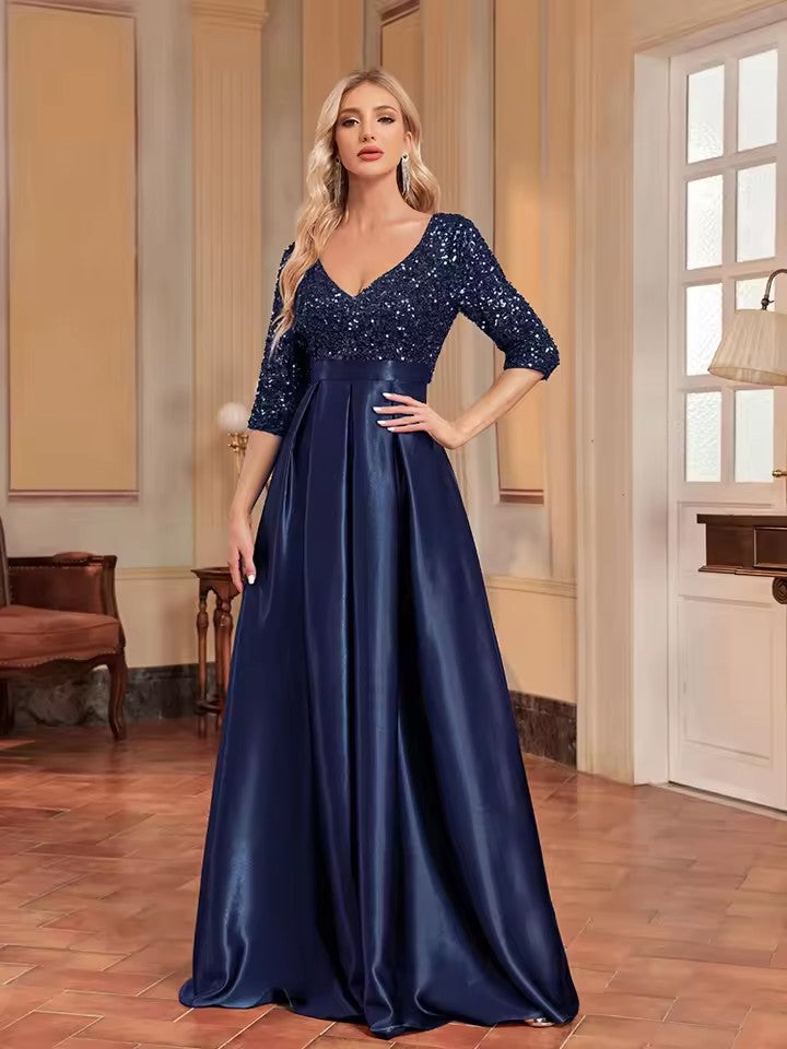 Navy V-neck sequin evening dress with satin flared skirt, three-quarter sleeves