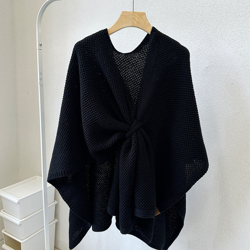 Poncho Shawl Wrap for Women — Open Weave Cape with Twist Front Detail in Soft Knit