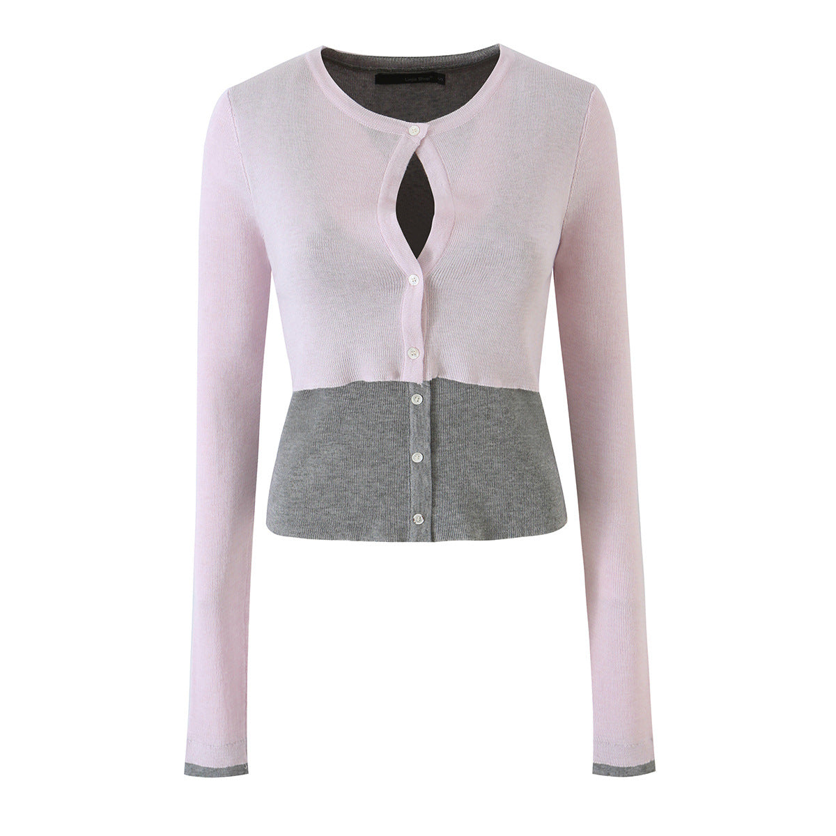 Pink and gray color-block knit cardigan with button front, long sleeves