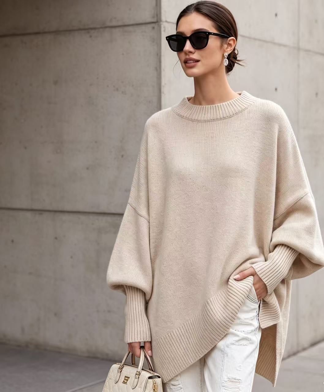 Plus-size knit sweater, solid cream, round neck pullover with loose batwing sleeves