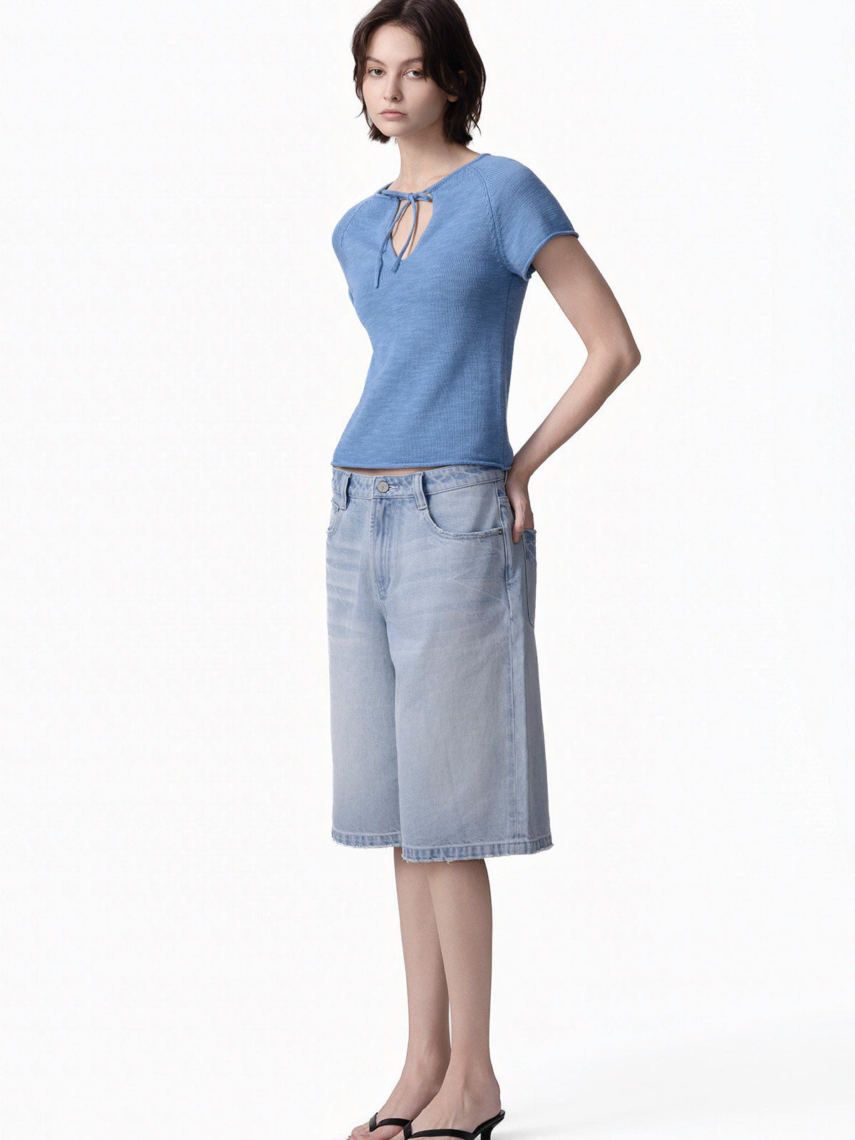 Short Sleeve Knit Top — Slim Fit with Keyhole Tie Neck and Rolled Edges in Linen