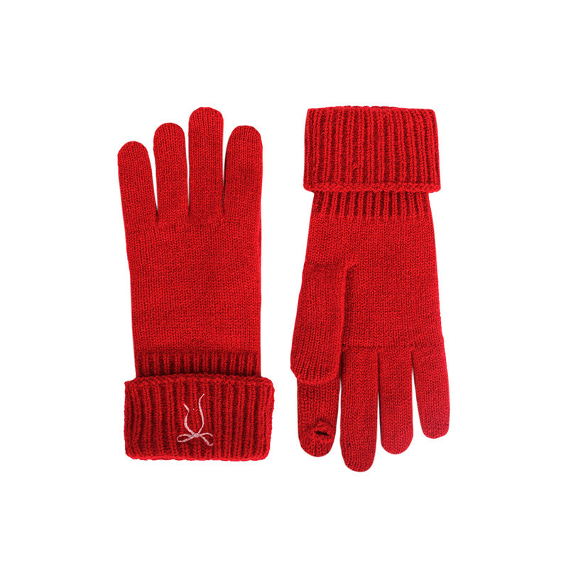 Red knitted gloves shown front and back, with ribbed cuffs and touch-screen fingertips.