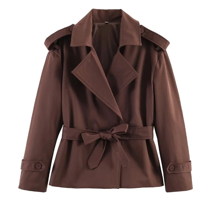 Brown belted trench coat with notched lapels and waist tie, long sleeves