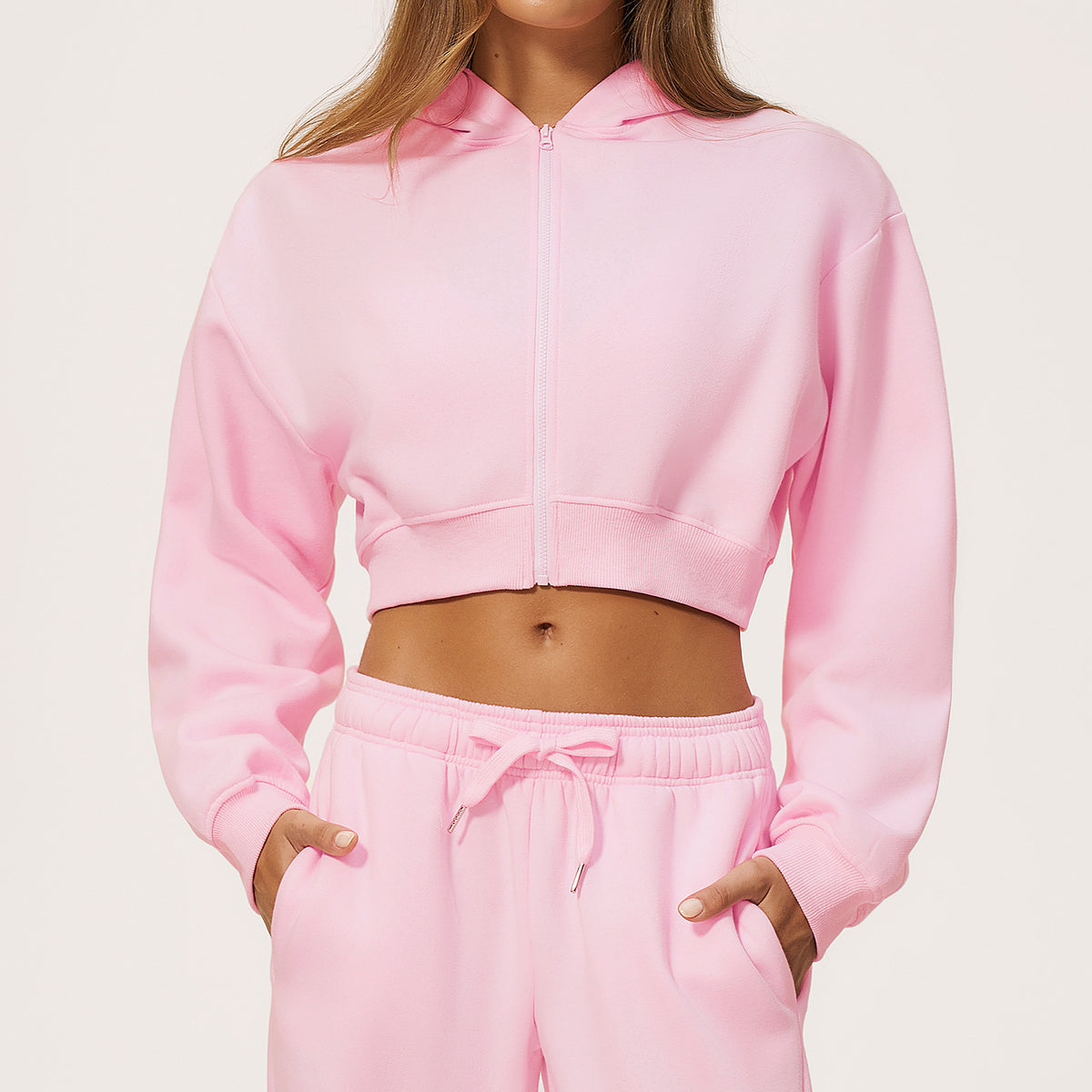 Women’s cropped zip hooded sweatshirt, light pink, front zipper and long sleeves