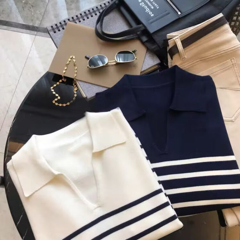 Cream striped V-neck pullover sweater with pointed collar, long sleeves