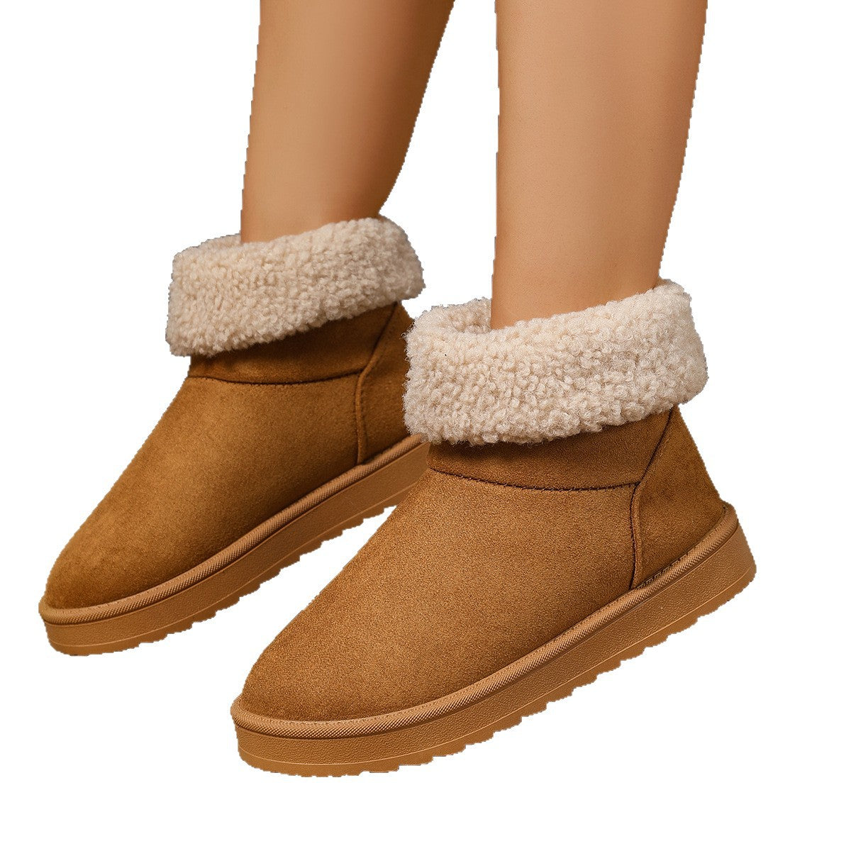 Tan suede mid-calf winter boots with plush shearling trim and durable rubber sole