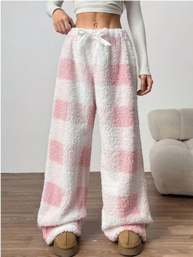 Women's pink-and-white plaid wide-leg lounge pants, drawstring waist