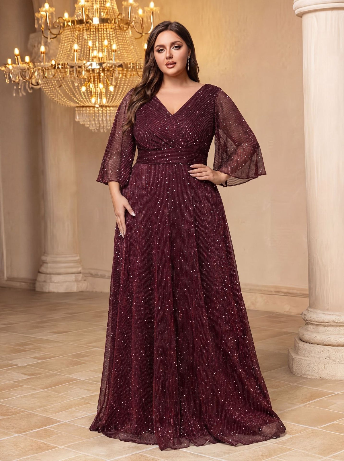 Wine red V-neck sequin evening dress with waist tie and flutter short sleeves