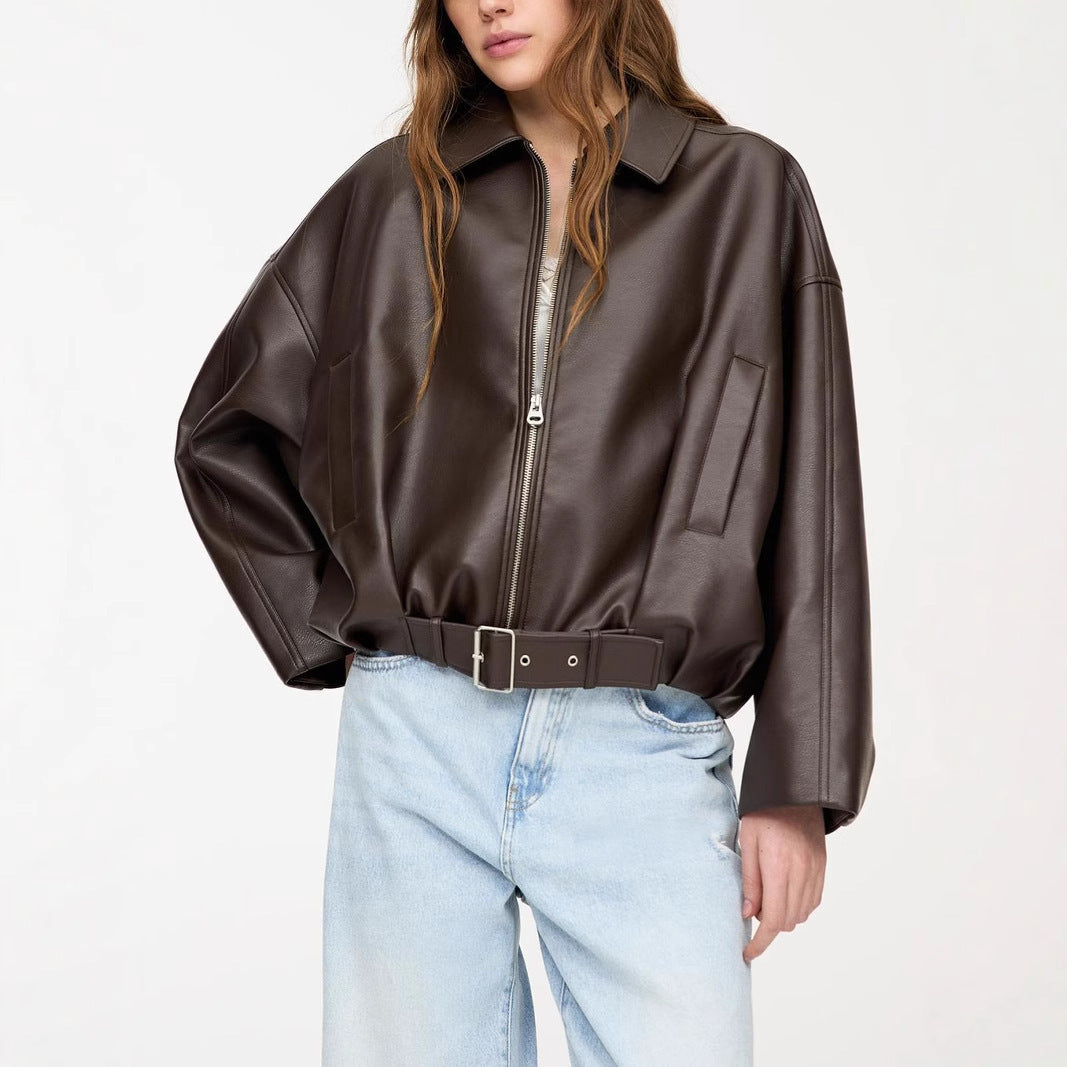 Brown faux leather pilot jacket with front zipper, stand collar, and waist belt