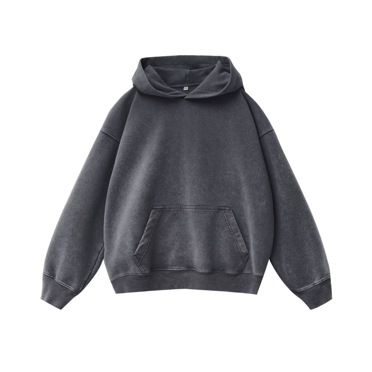Gray hooded pullover sweatshirt with front pouch pocket and ribbed hem cuffs