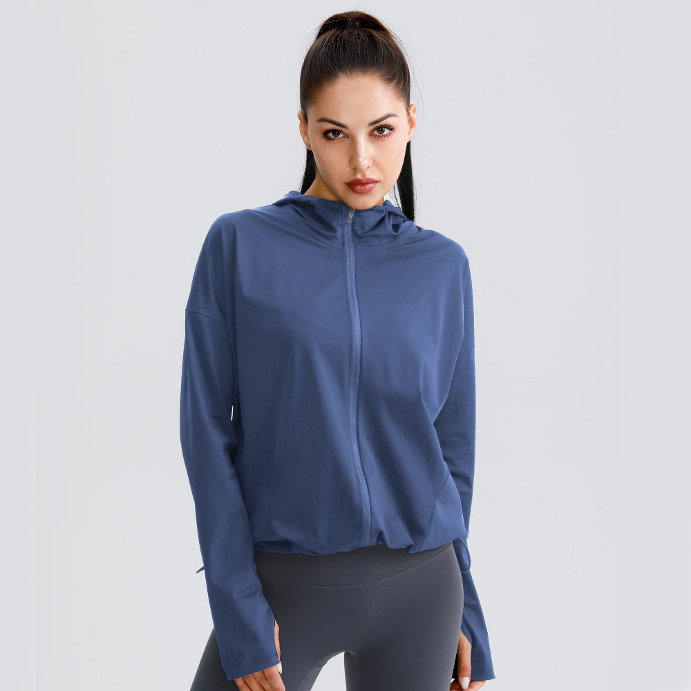 Blue zip-up hooded jacket for women, long sleeves, loose fit