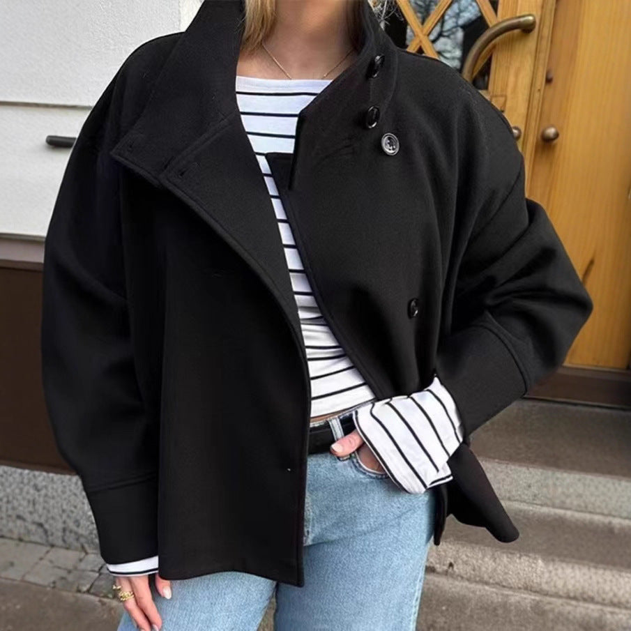 Women’s wool jacket, black stand collar with button placket, long sleeves